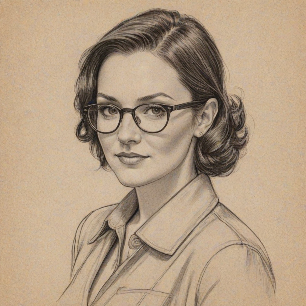 Resplendent Brandy Clark, pencil sketch, portrait of Elegant woman 1934s in glasses, hair style beatnik, outline, clear lines, fine lines, 8k
