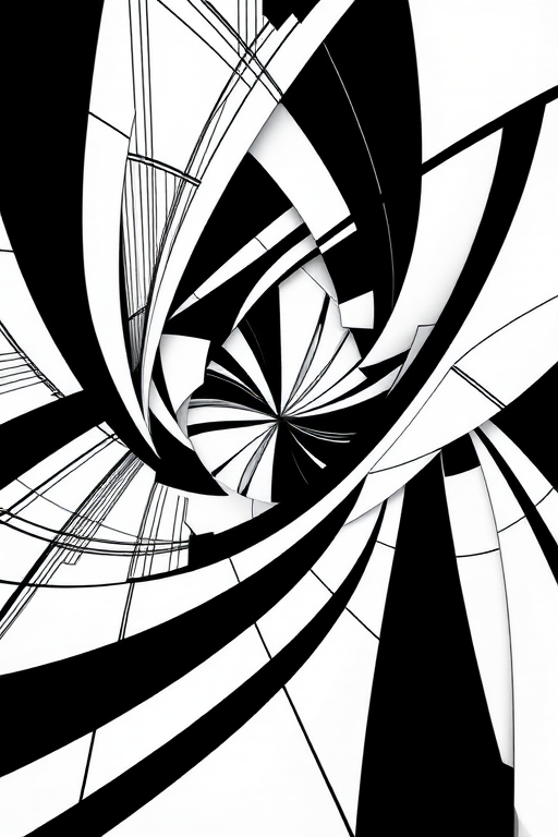 Create an abstract black and white design featuring geometric shapes and lines, shot with a DSLR camera at ISO 100, aperture f/8, shutter speed 1/250s, using a wide-angle lens, with a top-down view to capture intricate details and enhance contrast.
