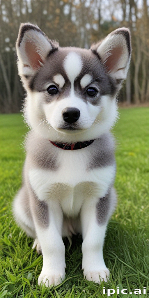 Adorable fluffy puppy sitting on green grass with curious expression.