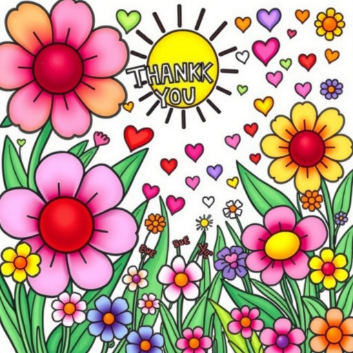 Create a vibrant coloring page featuring large, detailed flowers, a sun with the text "THANK YOU," hearts, stars, and a variety of smaller flowers in a lush garden setting, capturing a playful, whimsical style; use a digital drawing tablet with a 300 DPI resolution and a soft brush for smooth lines and enhanced texture, viewing angle from slightly above to capture depth in the garden.