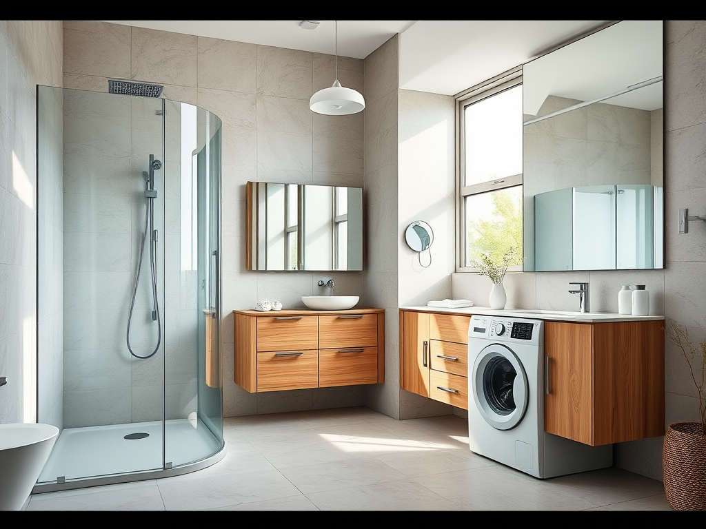 Generate a high-resolution image of a modern bathroom featuring a glass shower, wooden vanity, washing machine, and large mirrors, photography settings: 24mm lens, f/8 aperture, ISO 200, natural lighting, taken with a DSLR camera at eye level.