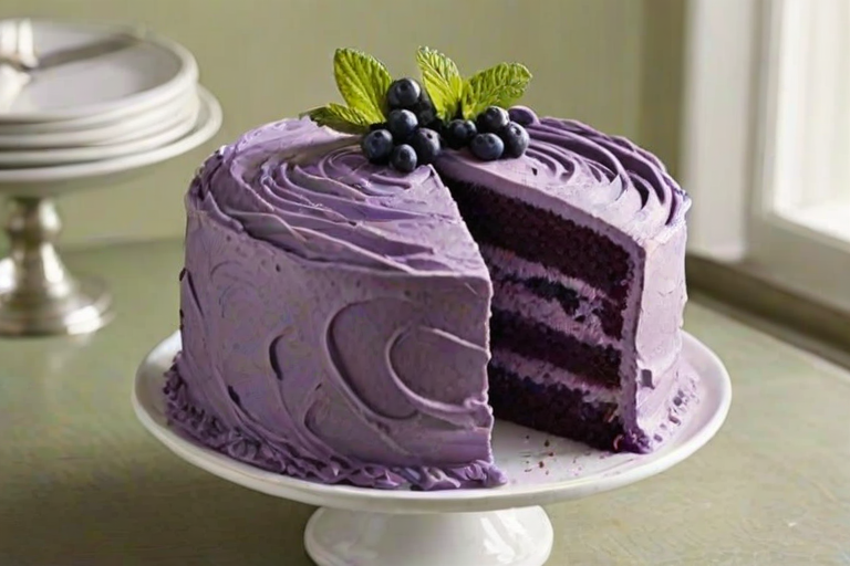 Create an image of a layered cake with rich purple frosting and a smooth texture. The cake should have three distinct layers, each with a moist and fluffy appearance. Decorate the top with swirls of frosting, a few blueberries, and a mint leaf for a pop of color. The focus should be on the cake's detail, showcasing its vibrant color and delicious layers.