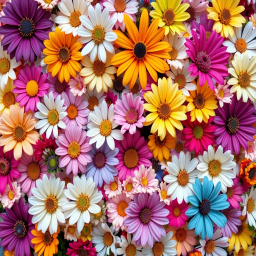 Create an abstract floral pattern featuring a multitude of colorful flowers in various sizes and shapes, captured using a DSLR camera with a 50mm lens, aperture set at f/2.8 for a shallow depth of field, ISO 100 for high clarity, and a vibrant saturation style to enhance color depth and detail.