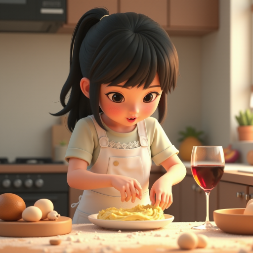 A Pixar-style CGI girl with black hair and black eyes wearing a white apron with lace stands in a kitchen and kneads cake batter. There is flour dust in the air, a glass of wine on the table and the cake ingredients are scattered around. 3D, with "ipic ai" text at the back