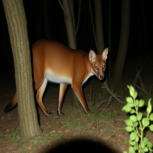 A Thylacine in a  dark forest at night.