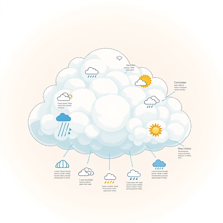 Create a detailed infographic representing various weather conditions within a large cloud, using a high-resolution digital illustration style, with a zoomed-in perspective, ensuring vibrant colors and clear icons for each weather type, shot with a digital camera at f/8 aperture, ISO 100, and 1/250s shutter speed.