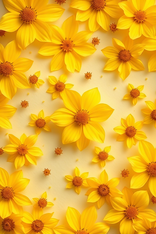 Regenerate an abstract floral pattern featuring yellow flowers on a cream background, using a DSLR camera, aperture set to f/4, shutter speed at 1/125 sec, ISO 100, top-down camera view, and a macro photography style to enhance image quality.