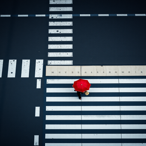 Aerial view of a city crosswalk with two pedestrians walking, one carrying a red umbrella, bright colors, high contrast, f/4.0, ISO 100, 1/250s, DSLR camera, wide-angle lens.