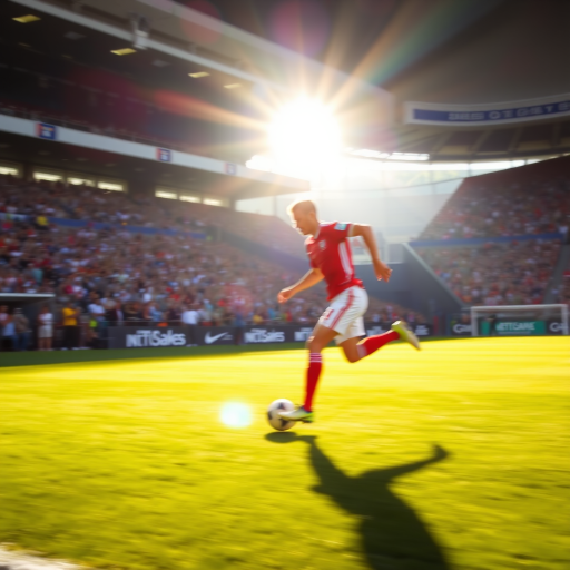Blurry action shot of a soccer player mid-kick during a game, with soft sunlight filtering through the stadium and a cheering crowd softly blurred in the background.