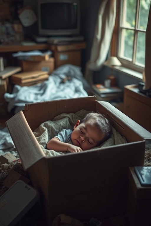 Create a highly detailed image of a small child sleeping in a cardboard box surrounded by debris in a dimly lit, cluttered room, using a 50mm lens at f/1.8, ISO 200, with soft natural lighting from a nearby window to enhance the emotional depth and atmosphere.