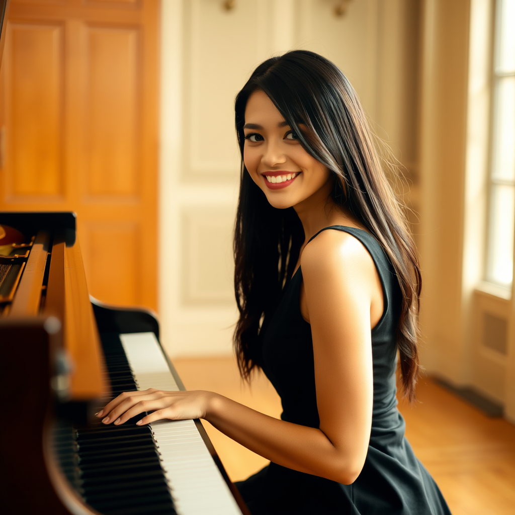 A young woman with long, dark hair smiles at the viewer as she sits at a grand piano, her right hand poised over the keys. The scene is lit by warm, natural light, highlighting the elegant simplicity of the woman's black dress. The perspective is from the side, emphasizing the contrast between the woman's delicate form and the grand scale of the piano. The ivory keys and dark wood of the piano create a striking visual contrast, further emphasized by the rich black of her dress.
