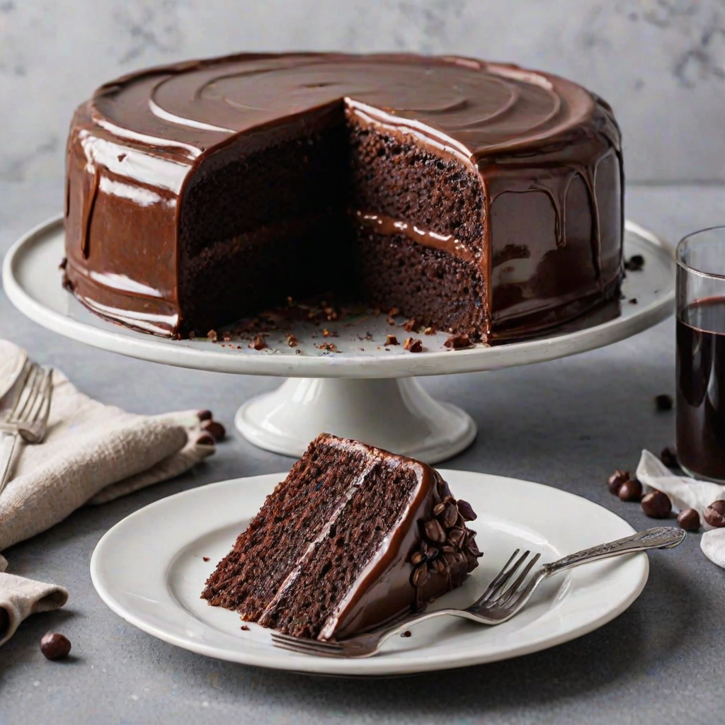 Generate an image of a rich chocolate cake with a glossy chocolate ganache topping. The cake slice should be displayed on a white plate with a silver fork next to it, showcasing a bite taken out of the slice. The texture of the cake should appear moist and decadent.