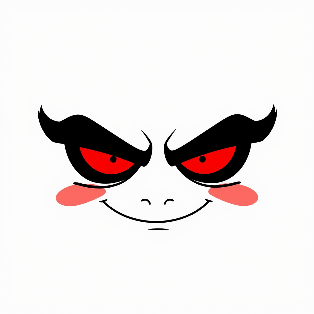 Create a minimalist illustration of a mischievous face with bold black eyebrows, bright red eyes, and a sly smile on a transparent background.