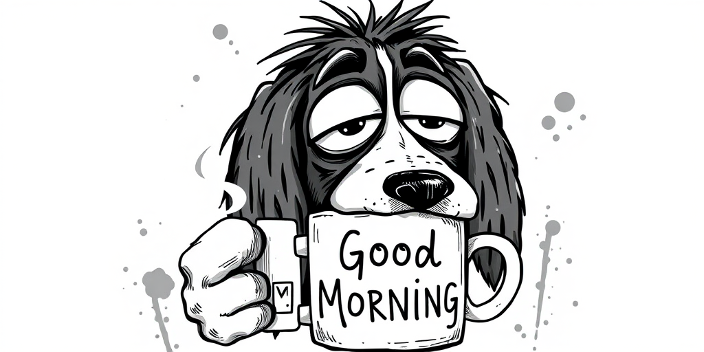 A quirky, artistic illustration of a disheveled basset jack dog breed with exaggerated, large eyes and spiky fur, holding a coffee mug that reads "Good Morning". The dog has a tired but humorous expression, with ink splatters and abstract details surrounding it, giving a whimsical feel to the image. The color palette is mostly monochrome with hints of white in the eyes and steam rising from the mug, enhancing the overall sleepy vibe