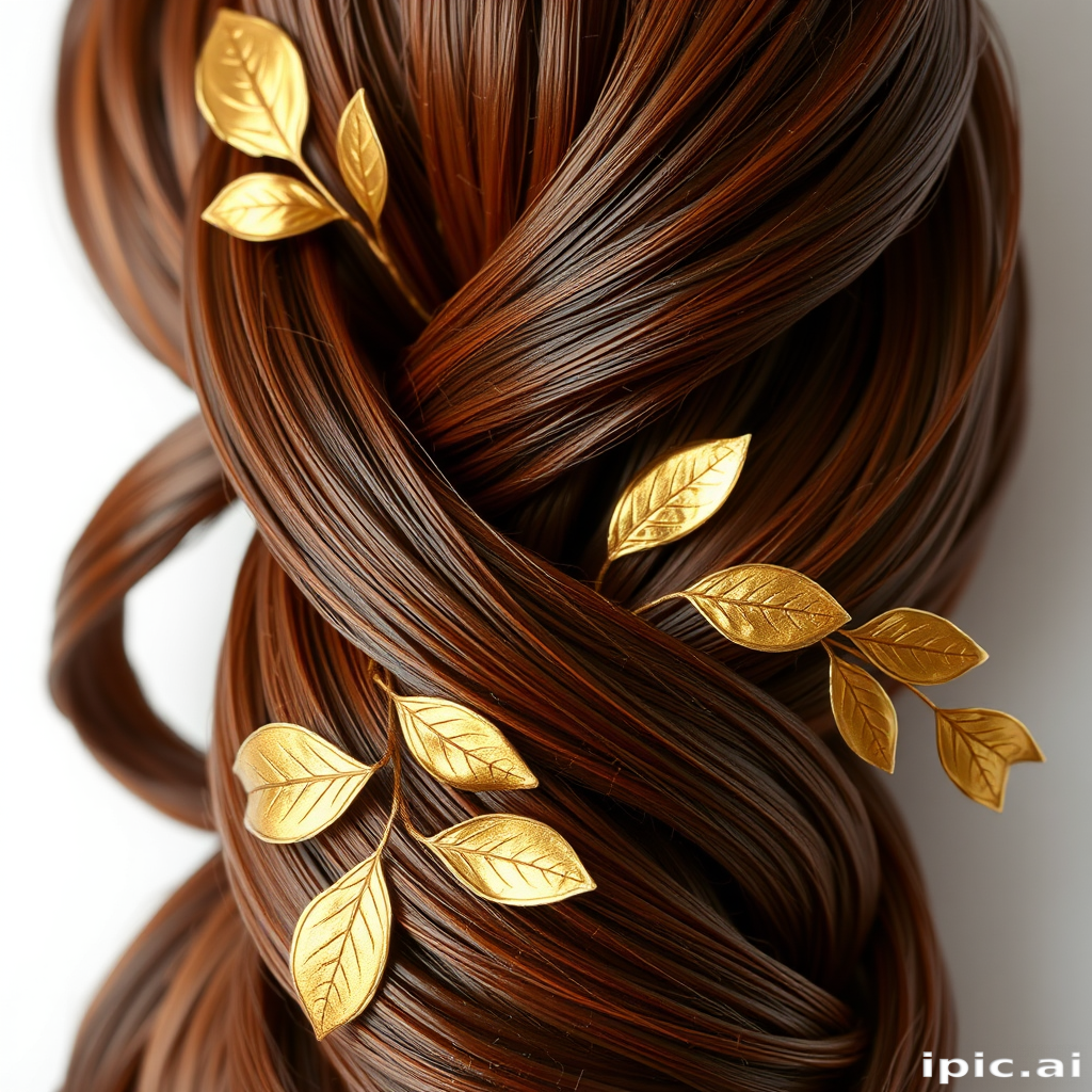 Glossy chestnut brown French twist with delicate golden leaf accents, the "Gilded Forest" style epitomizes timeless elegance and natural grace