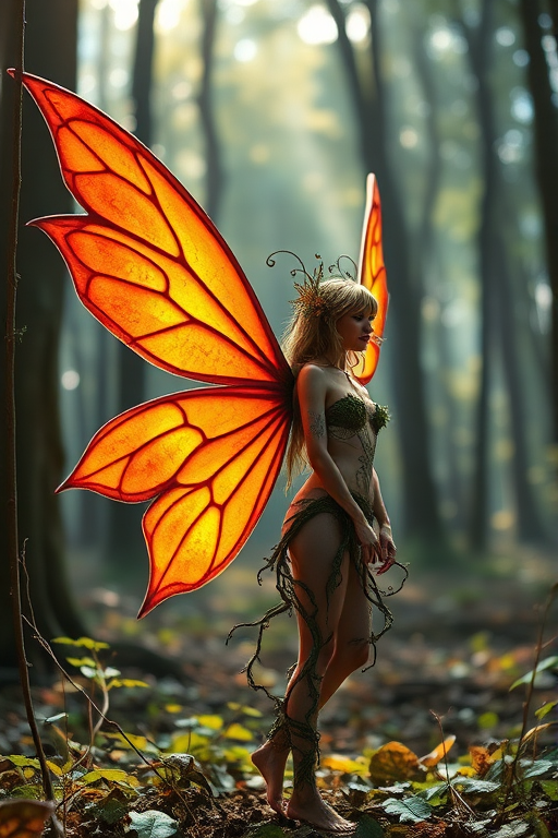 A mystical forest setting with a fairy character featuring vibrant orange wings, intricate body decorations resembling vines and leaves, ethereal lighting filtering through the trees, ISO 100, f/2.8, 1/200s, 50mm lens, natural light, shallow depth of field, portrait orientation, taken with a DSLR camera.