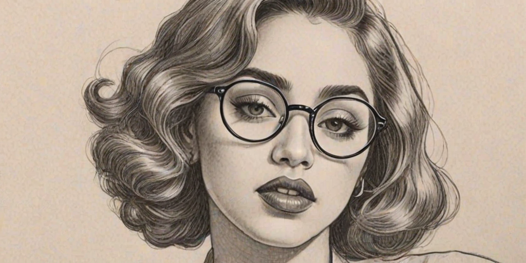 Captivating Kali Uchis, pencil sketch, portrait of Alluring woman 1920s in glasses, hair style beatnik, outline, clear lines, fine lines, 8k