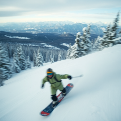 Blurry action shot of a snowboarder carving down a snowy mountain slope, soft focus on the surrounding trees and distant peaks, with a feeling of speed and excitement in the air.