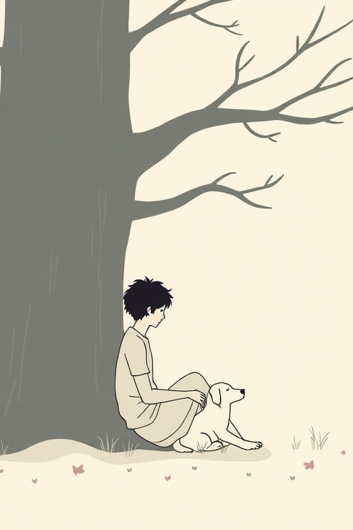 A minimalist illustration of a person sitting against a tree with a dog, featuring soft, muted colors and simple line art, with a focus on gentle shadows and a calm atmosphere, captured with a high-resolution digital camera at f/4 aperture, 50mm lens, ISO 100, and natural lighting for enhanced clarity and detail.