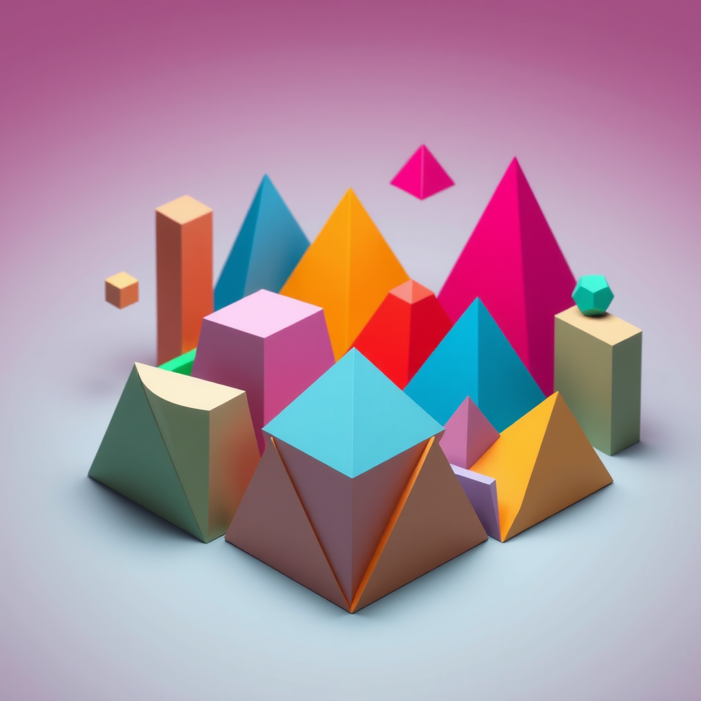 Create a 3D rendering of colorful geometric shapes including triangles and pyramids on a smooth gradient background, using a DSLR camera with a 50mm lens, f/8 aperture, ISO 100, and a slight tilt-shift effect for enhanced clarity and depth.