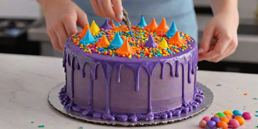 Create an image of a colorful cake being decorated. The cake should have a vibrant purple frosting with a glossy blue glaze dripping down the sides. The base should be adorned with a variety of colorful sprinkles and edible decorations. The setting should be bright and cheerful, emphasizing the fun of cake decorating.
