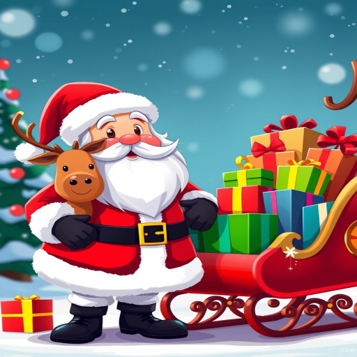 Create a vibrant, cartoon-style image of Santa Claus standing next to a reindeer with a sleigh full of colorful gift boxes, using a bright and festive color palette, shot in high resolution with a DSLR camera at 50mm lens, f/1.8 aperture, ISO 100, and soft natural lighting to enhance details and richness.