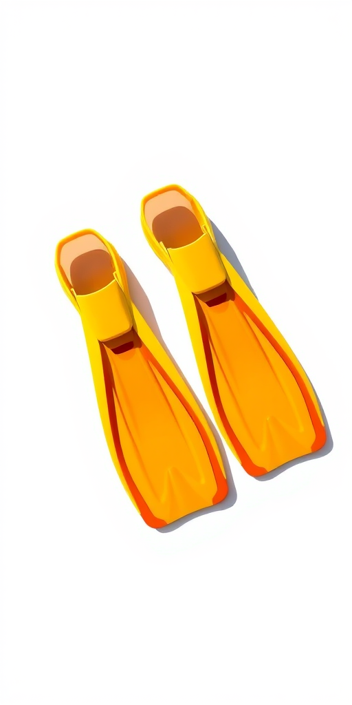 Create a high-resolution image of a pair of vibrant yellow and orange scuba fins on a transparent background, camera settings: f/5.6 aperture, 1/125 shutter speed, ISO 100, camera view: top-down, camera style: digital illustration, camera type: mirrorless.