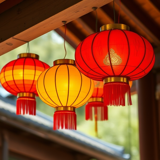 Create an image of four decorative lanterns in vibrant orange, red, yellow, and red colors hanging from a wooden beam, shot with a Canon EOS R5, 50mm lens, f/1.8 aperture, ISO 100, in natural light to enhance brightness and detail.