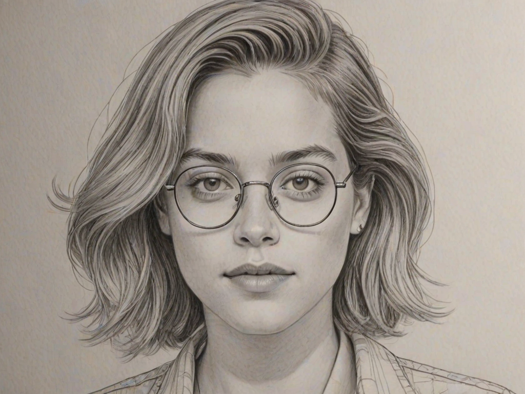 Dazzling Cole Sprouse, pencil sketch, portrait of Comely woman 1973s in glasses, hair style beatnik, outline, clear lines, fine lines, 8k