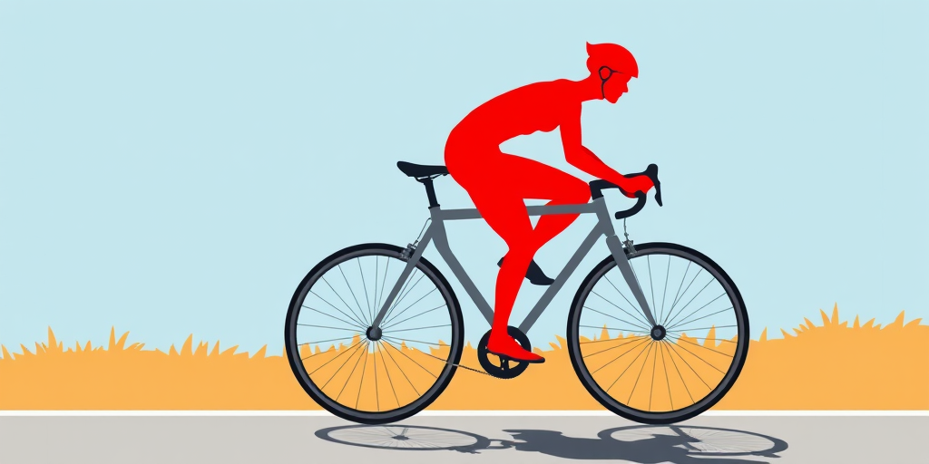 Create an illustration of a cyclist with a simplified design, using a red figure on a gray bicycle, reflecting the image below, captured with a 50mm lens at f/1.8, ISO 100, in bright daylight, with a focus on sharp details and vibrant colors, using a digital camera.