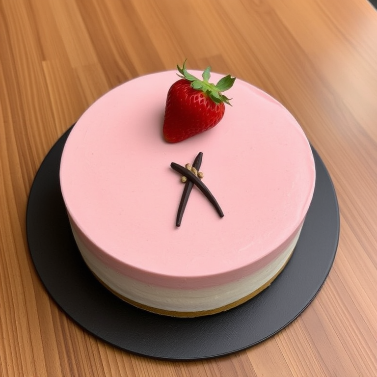 A round cake with a light pink mousse layer on top and a fluffy white base, decorated with a fresh strawberry on the top and a chocolate lattice design. The cake is placed on a dark circular plate and is set on a wooden table.