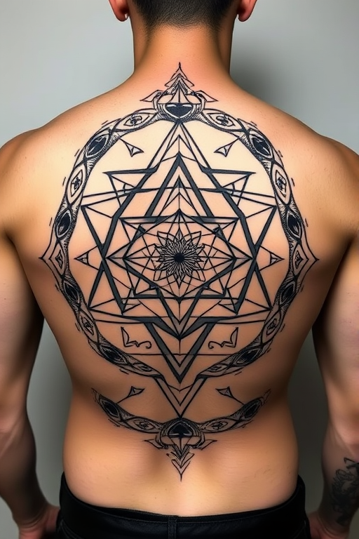 Geometric blackwork tattoo dubbed "Sacred Symmetry" featuring precise angular shapes and patterns inspired by ancient sacred geometry forming a cohesive large-scale design across the back