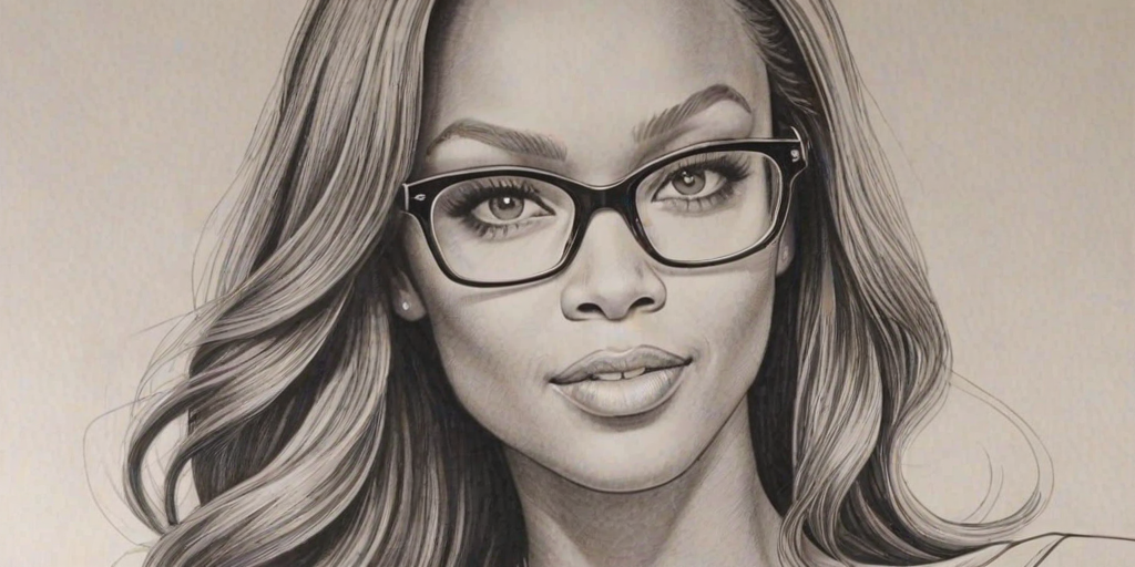 Wonderful Tyra Banks, pencil sketch, portrait of Pleasing woman 1957s in glasses, hair style beatnik, outline, clear lines, fine lines, 8k