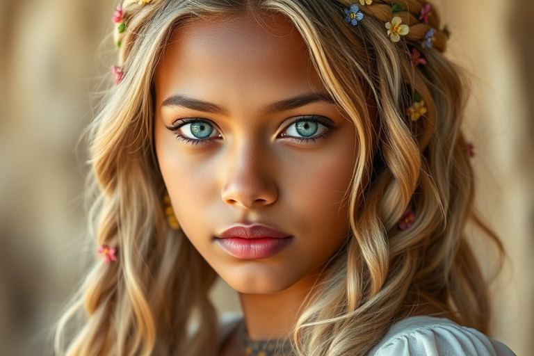 Create an image of a young Garifuna woman with long, wavy blonde hair, adorned with small, colorful flowers woven into her braids and loose strands. Her complexion is fair, with soft, glowing skin, and she has light blue eyes that gaze softly at the viewer. She wears a light, flowing dress with a gentle, ethereal quality, complementing her delicate and serene appearance. The background is slightly blurred, drawing focus to her tranquil expression and the intricate details of the flowers in her hair. The overall mood of the image is one of natural beauty and grace, evoking a sense of peacefulness and connection with nature.