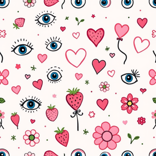 Create a seamless pattern featuring playful doodles of eyes, hearts, balloons, strawberries, and flowers with a pastel color scheme, captured with a Canon EOS R5, 50mm lens, f/2.8, ISO 100, in natural light, with a top-down view for enhanced detail and vibrancy.