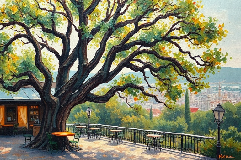 Abstract impressionist's landscape painting that emulates the style of (artist's name), cafe under an old oakwood tree, background (city/name of tourist spot). acrylic on cavass, thick spontaneous paint splash, roughly textured with dabbing, broad bruhstrokes, (pastels/vivid/muted) colors