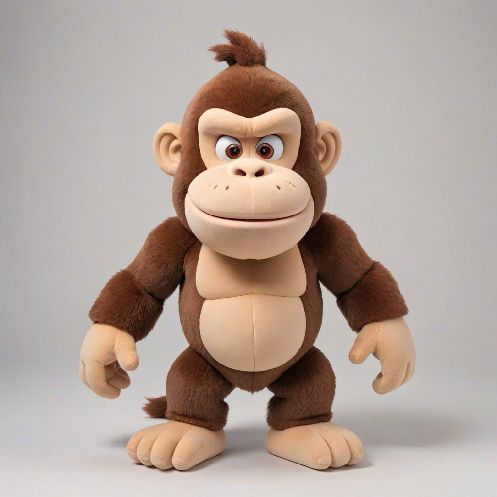 Donkey Kong children's version of an adorable and cute cotton plush with a full body on a white background. A good front pose is visible with extreme quality and every detail. The image features good lighting, a well-chosen color palette, and a 3D appearance.