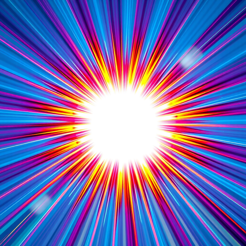 Generate a vibrant sunburst design with a central circular shape and colorful rays radiating outward, using a Canon EOS 5D Mark IV camera, 35mm lens, f/8 aperture, ISO 100, low angle view, and bright daylight setting to enhance clarity and color saturation.