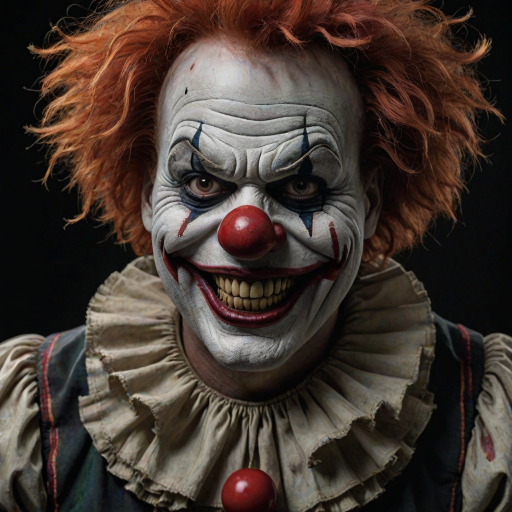 Create a hyper-realistic, dark, and eerie clown with a sinister smile, set against a black background. The clown should have exaggerated makeup with sharp, contrasting colors to enhance its menacing appearance. The overall atmosphere should be unsettling and intense, capturing a sense of horror and suspense