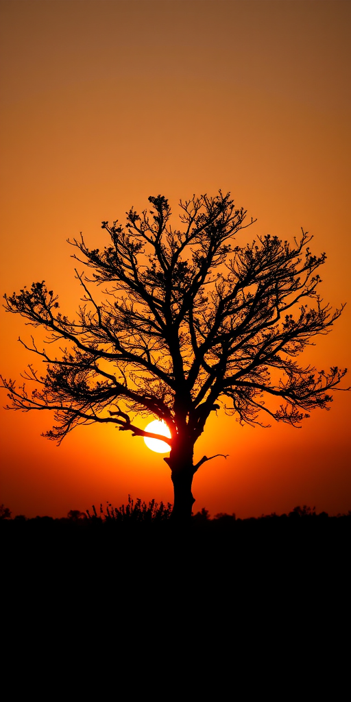 Regenerate the image featuring a silhouette of a tree against a sunset background with a Nikon D850, 50mm lens, aperture f/2.8, ISO 200, shot in landscape orientation.