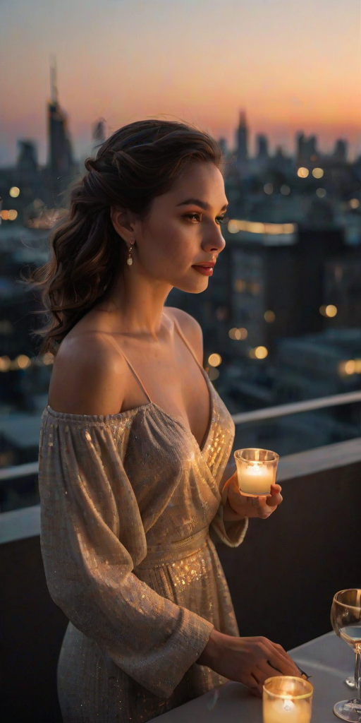 Candlelit dinner on a rooftop terrace, the city lights twinkling below, and a woman dressed elegantly, her face glowing in the soft candlelight as she gazes out over the skyline.
