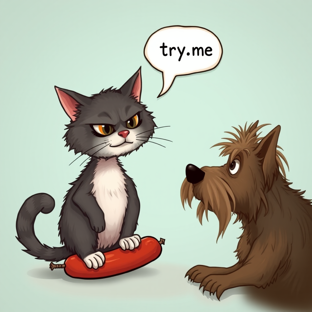 caricature of a silly whimsical fluffy cat with a mean look she has one foot on a sausage and is looking at an old scraggly big dog the cat has a thought bubble above her head that says “try,me"