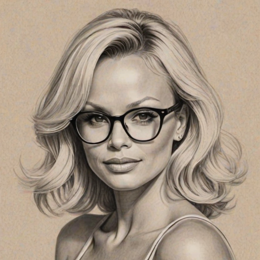Pleasing Pamela Anderson, pencil sketch, portrait of Lovely woman 1931s in glasses, hair style beatnik, outline, clear lines, fine lines, 8k