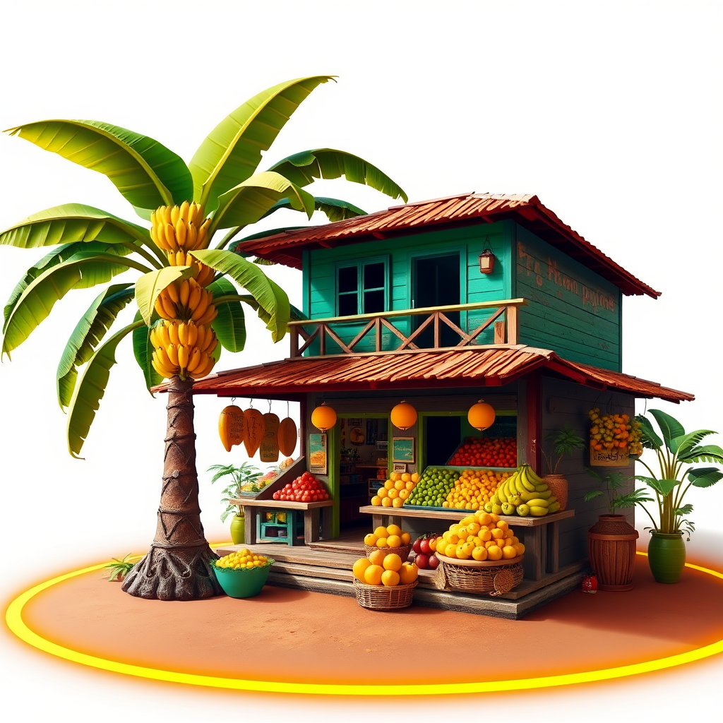 A vibrant tropical fruit market with a small, two-story building. A large banana tree stands nearby, with the fruit displayed on the balcony. The ground is surrounded by a glowing orange and yellow ring
