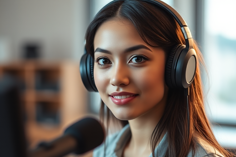 portrait of a young woman with headphones and a microphone in a professional setting, shallow depth of field, soft focus background, warm lighting, aperture f/2.8, ISO 100, 50mm lens, DSLR camera, 1/200 sec shutter speed, captured at eye level