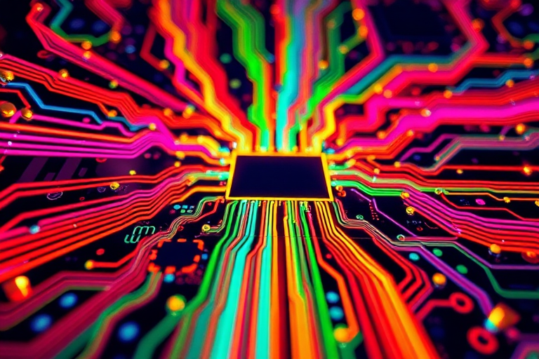 Create a vibrant abstract image of a circuit board with intricate paths and colorful neon circuits converging towards a central void, captured with a DSLR camera at 50mm focal length, f/1.8 aperture, ISO 100, using a macro lens for sharp detail and a wide-angle perspective for depth enhancement.
