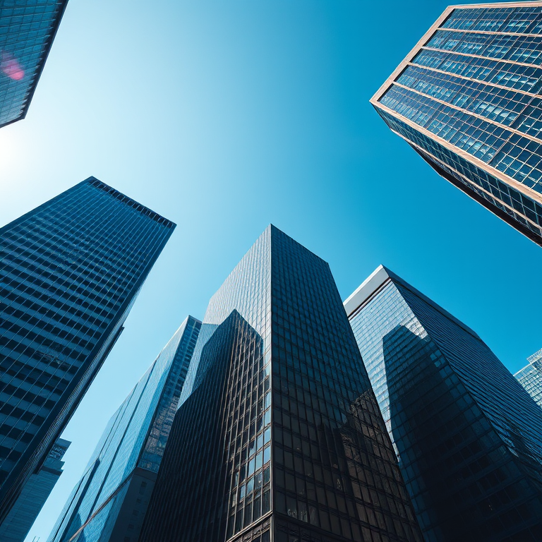capture a high-contrast image of modern skyscrapers from a low-angle view under a clear blue sky using a DSLR camera with a 24mm lens, aperture f/8, ISO 200, and a shutter speed of 1/250 seconds to enhance image clarity and details