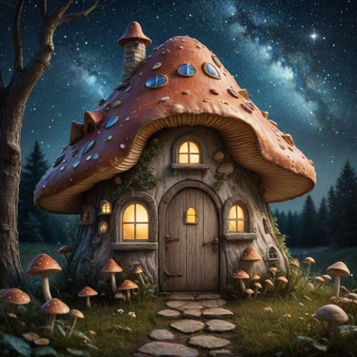 this photo is illustration of a mushroom house with a door and a window, a storybook , fantasy art, mushroom house, bg starry sky, sparkles