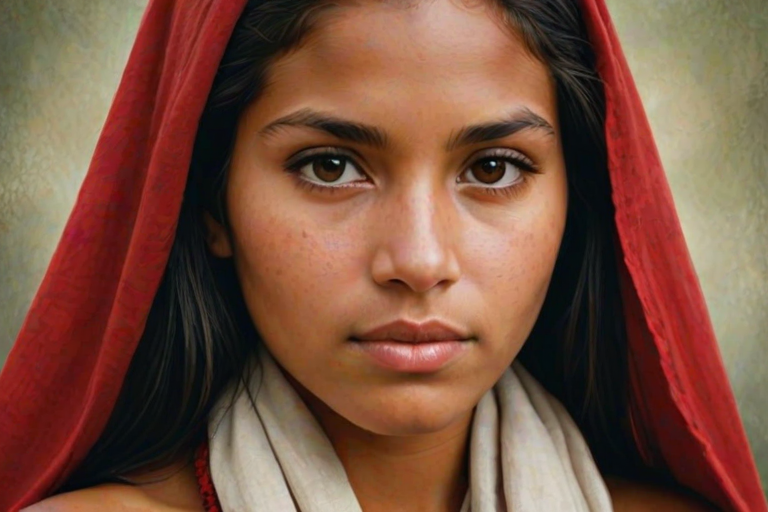 Create a portrait of a young taino woman with long, dark hair and captivating hazel eyes. She is wearing a red headscarf and a matching scarf draped gracefully around her neck. The background is softly blurred, focusing attention on her serene and natural expression. The overall color palette is muted and warm, enhancing the intimate and authentic feel of the portrait.
