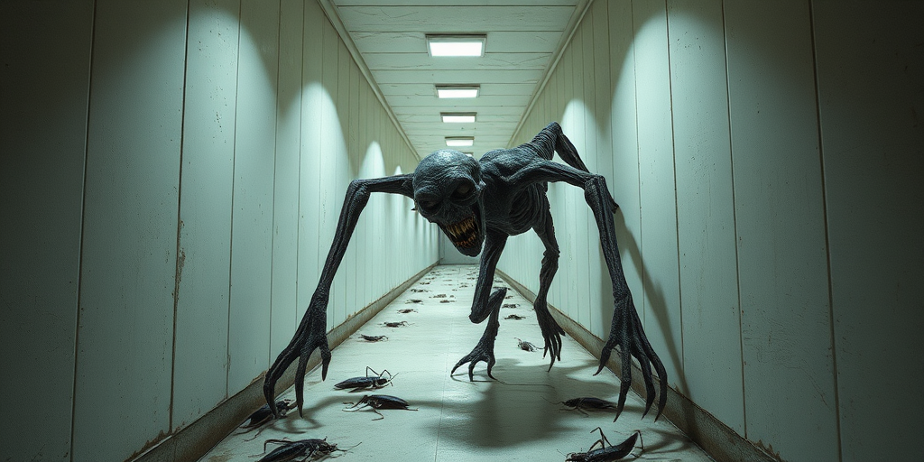 a crooked male with long arms and a creepy smile is crawling along a long white corridor and you can also see cockroaches in it there is a creepy atmosphere creepy art style
